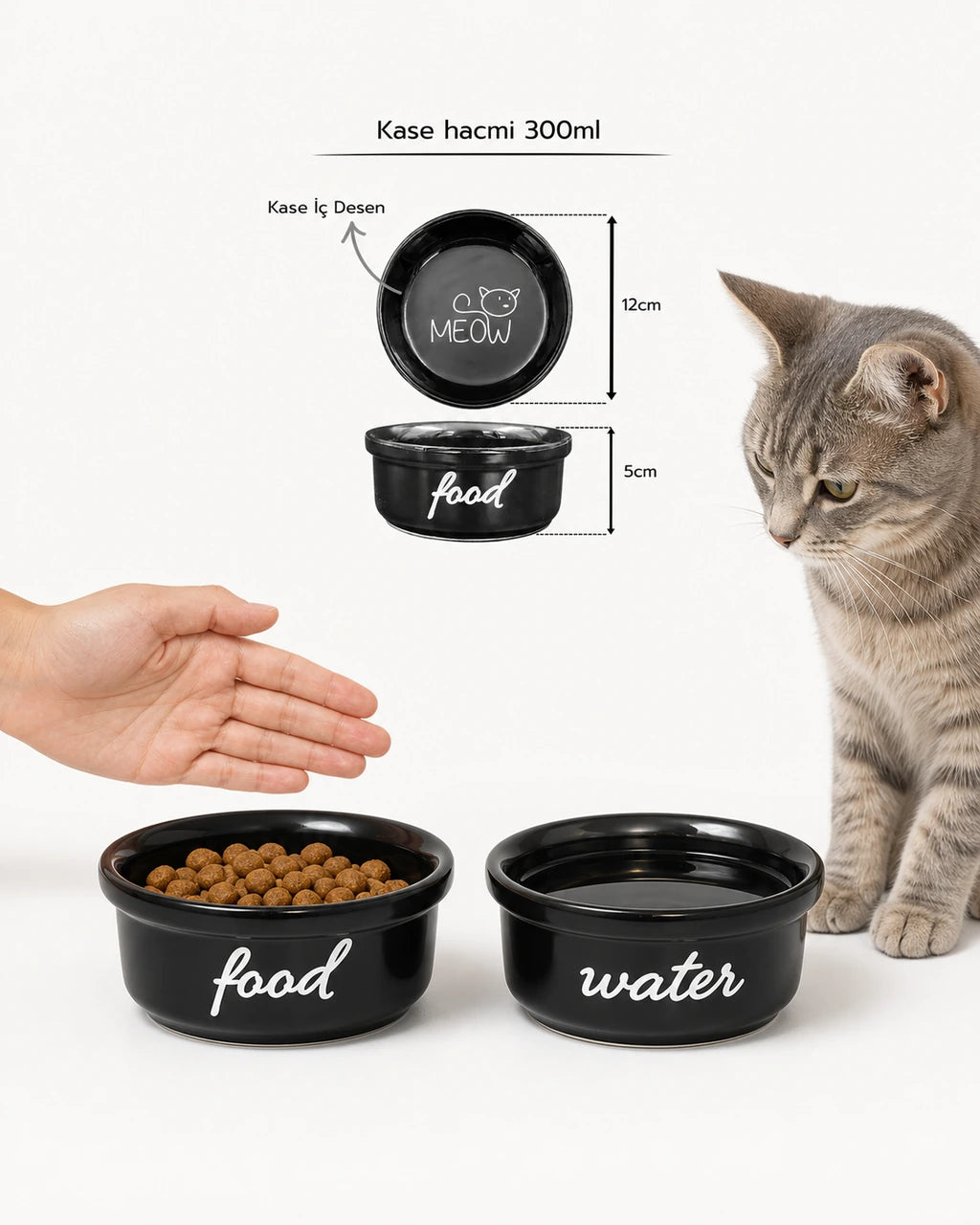 Havsız Siyah Meow Seramik Mama Kabı seramik yakın plan görseli