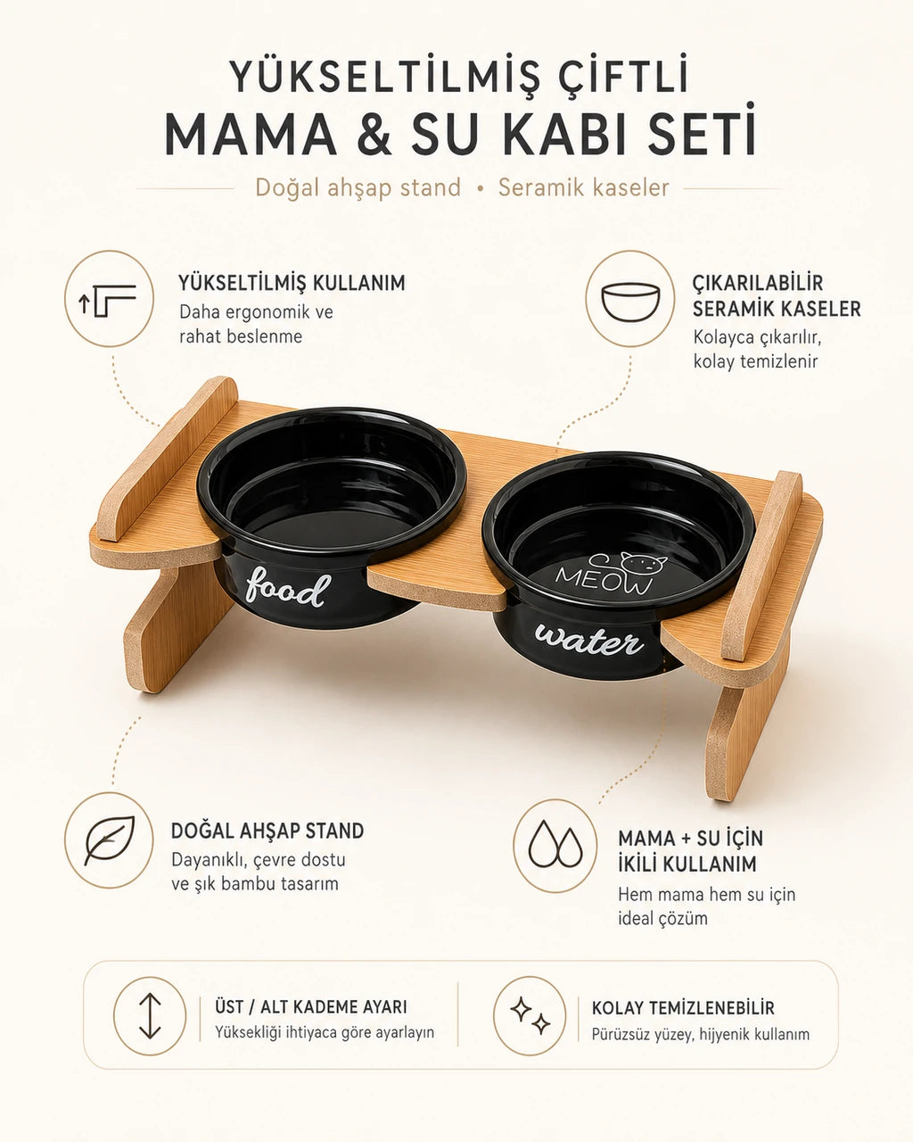 Havsız Meow İkili Yükseklik Ayarlı Seramik Set ev ortamı görseli