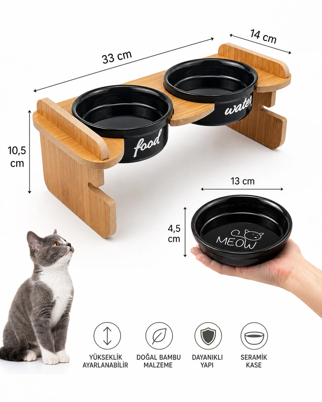 Havsız Meow İkili Yükseklik Ayarlı Seramik Set ölçü ve yükseklik görseli