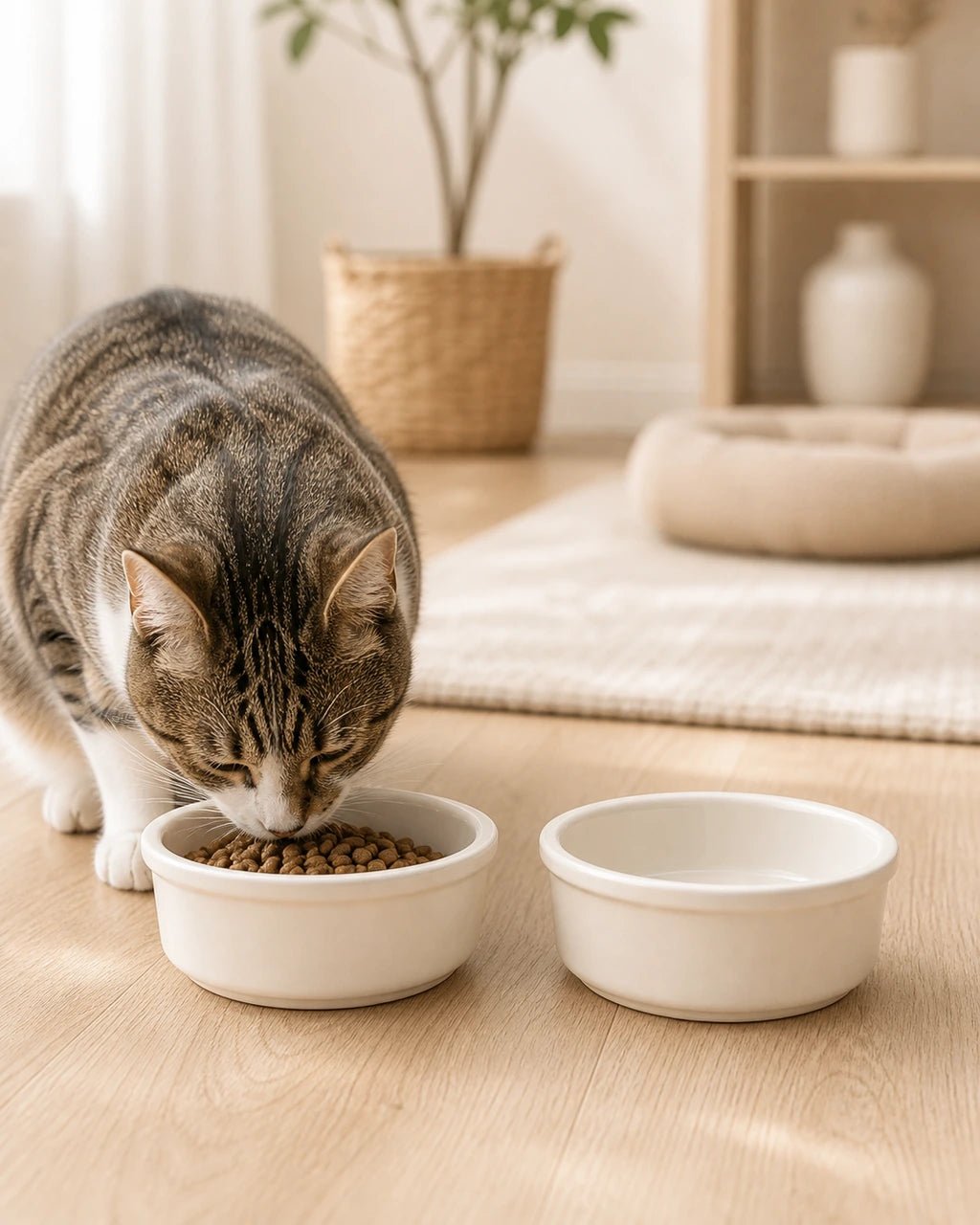 Tekir kedi, iki beyaz seramik mama ve su kasesinden mama yiyor