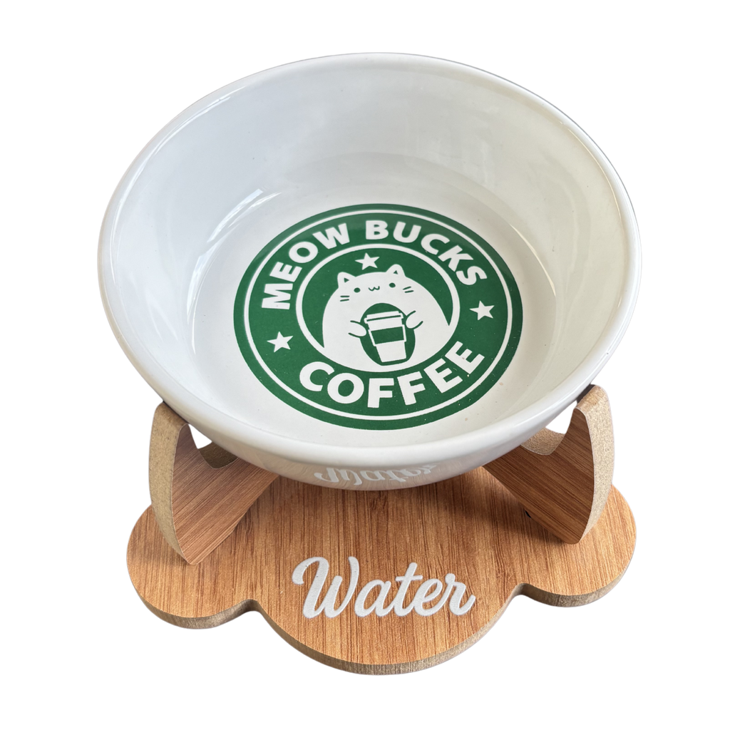 Havsız Meowbucks seramik su kabı — kaymaz tabanlı, kediler için