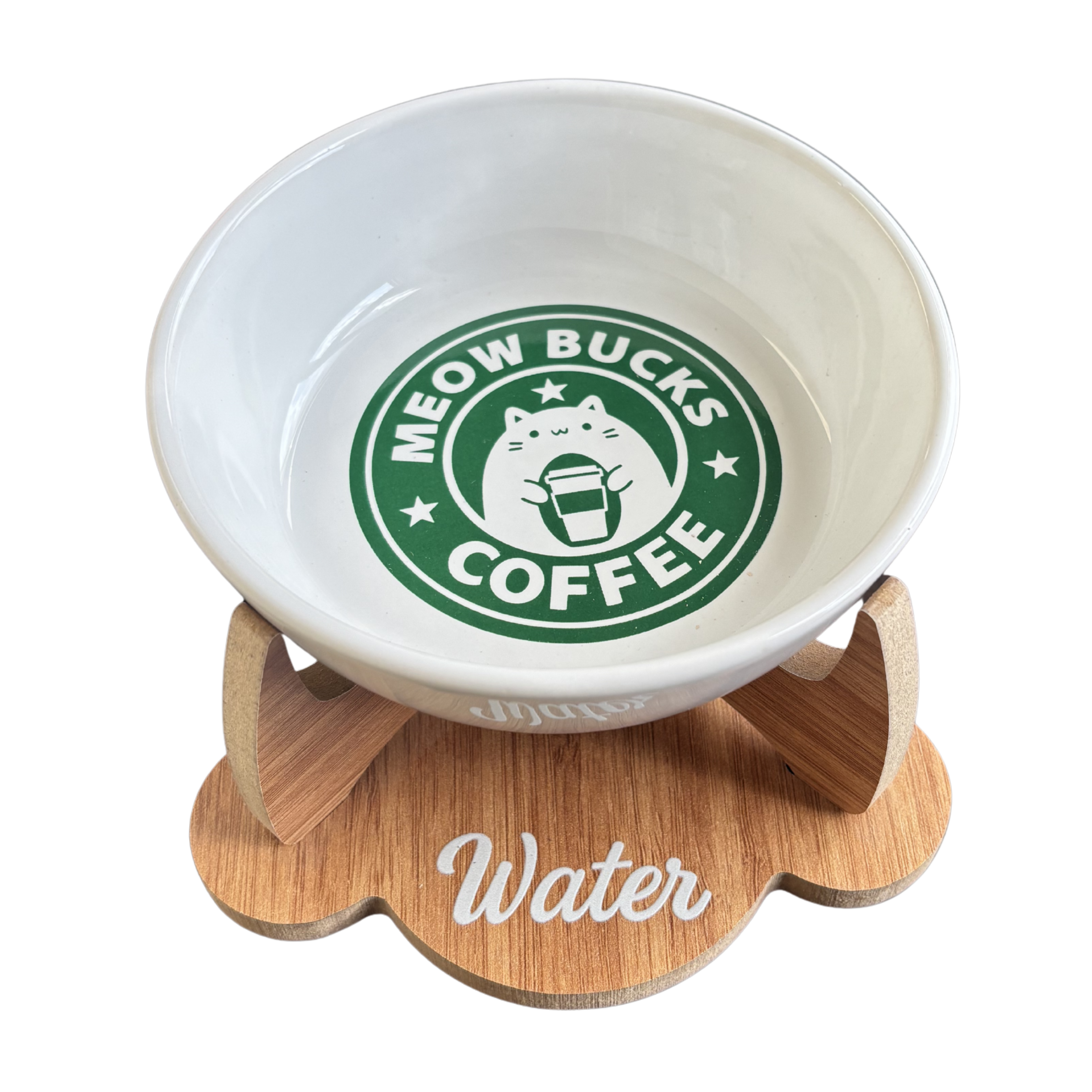 Havsız Meowbucks seramik su kabı — kaymaz tabanlı, kediler için