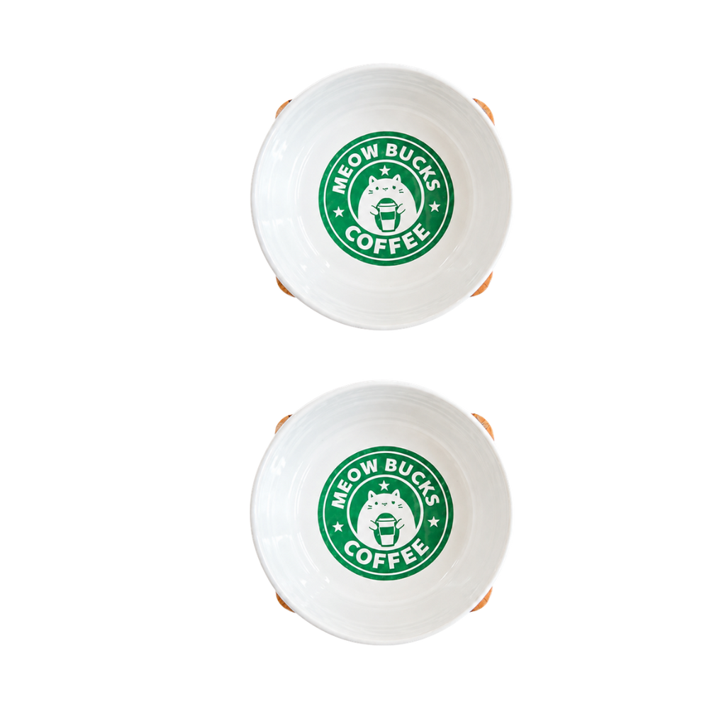 Havsız Kaydırmaz Tabanlı Meowbucks İkili Mama ve Su Kabı - Seramik