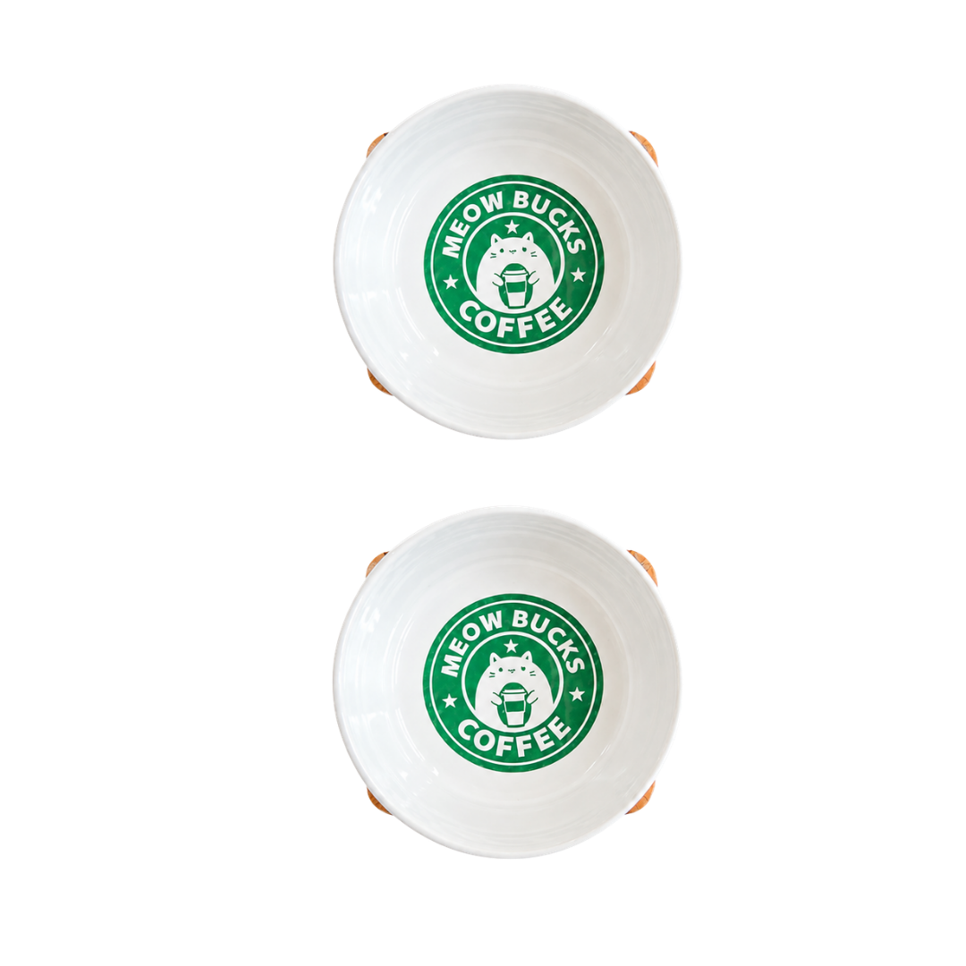 Havsız Kaydırmaz Tabanlı Meowbucks İkili Mama ve Su Kabı - Seramik