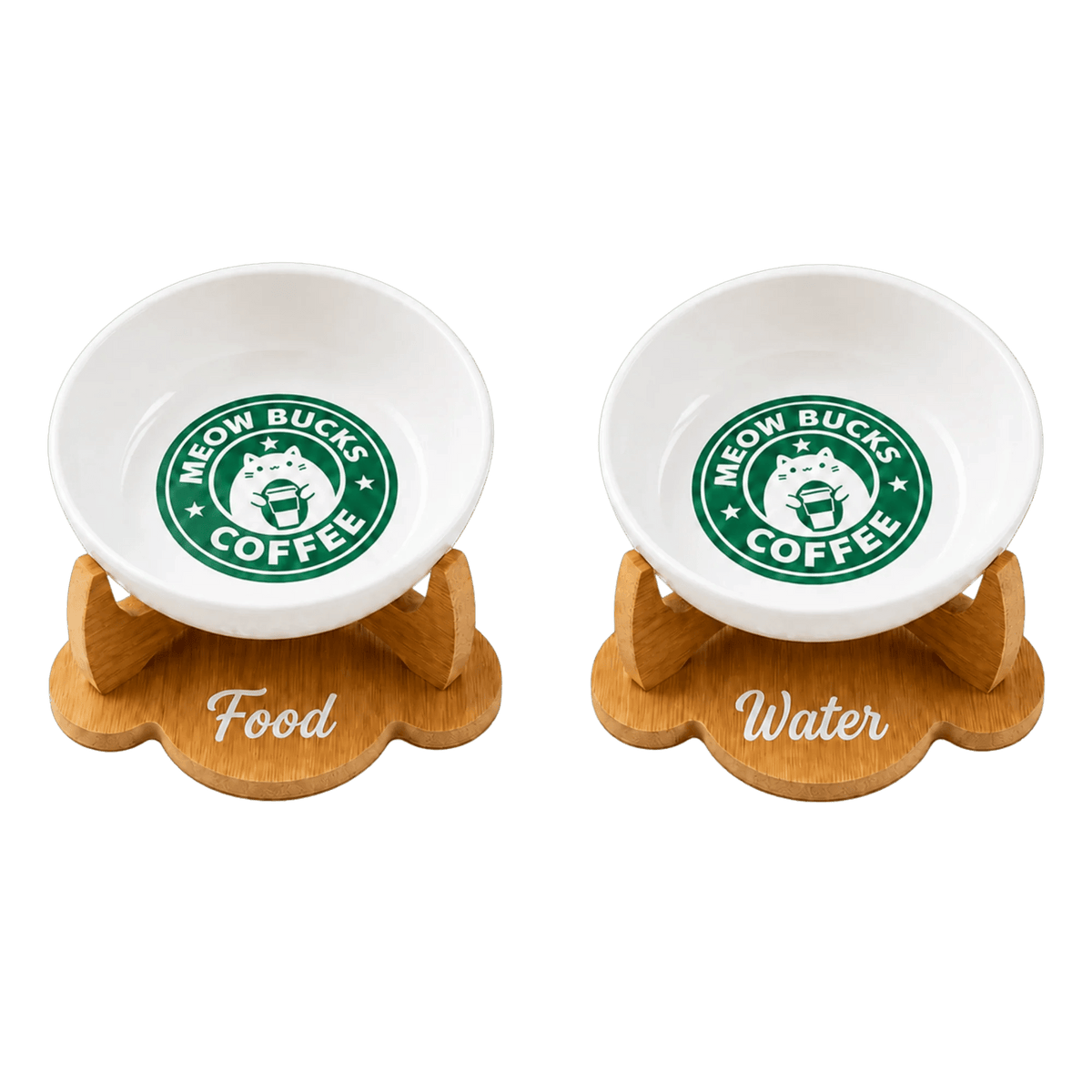 Havsız Meowbucks ikili seramik mama ve su kabı seti ana ürün görünümü.