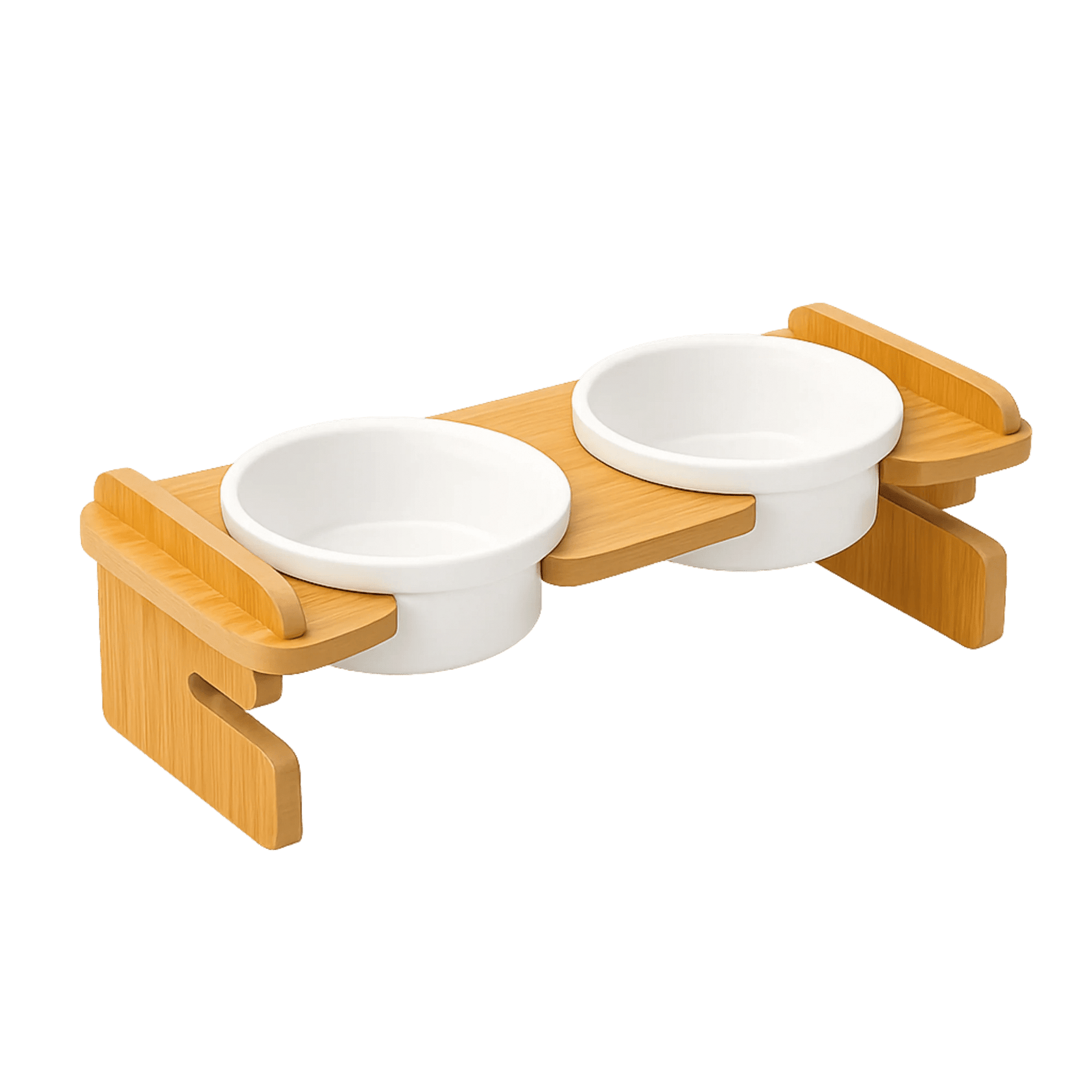 Ayarlanabilir yüksekliğe sahip bambu stand üzerinde iki beyaz seramik kedi mama ve su kabı.
