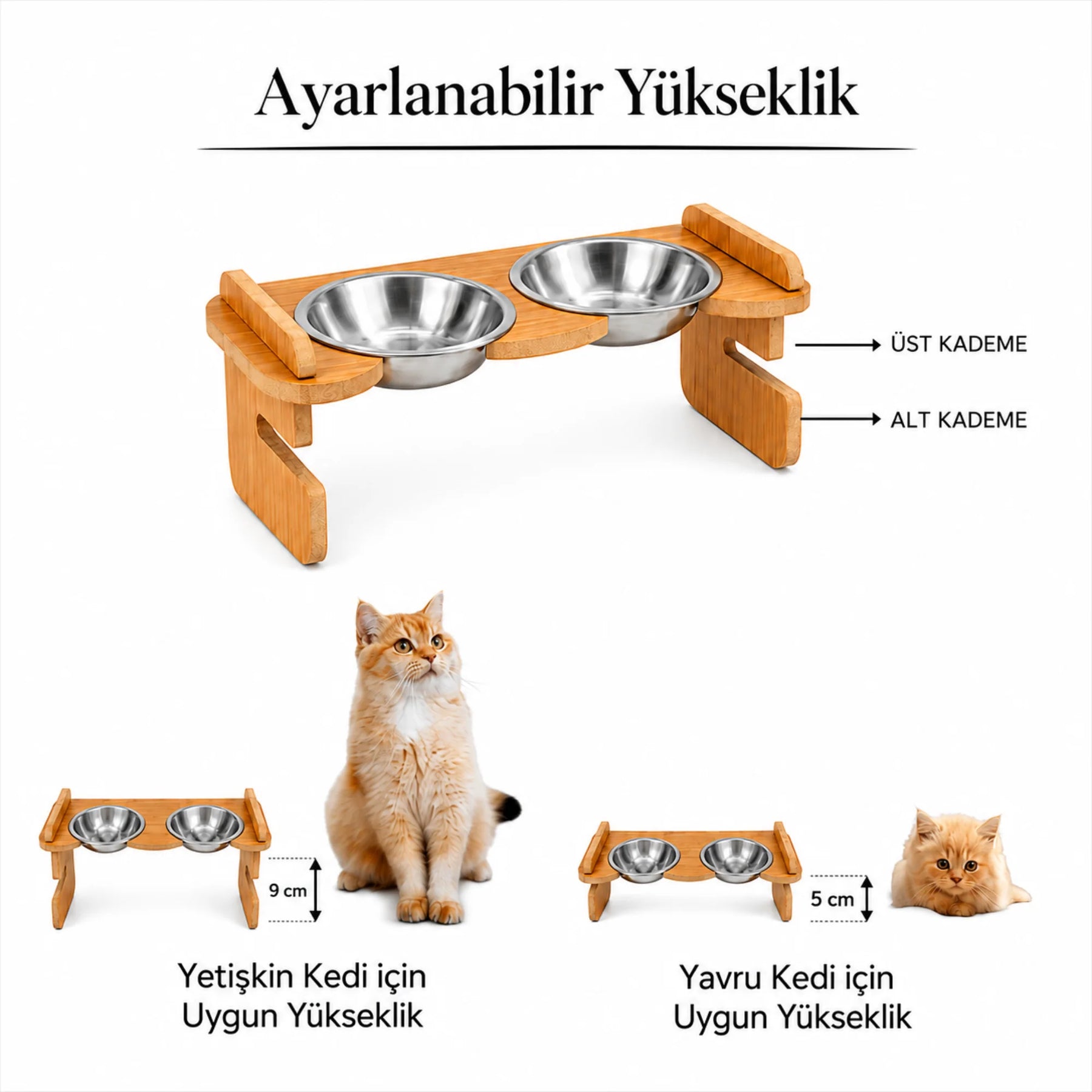 Ayarlanabilir bambu kedi mama standının 5 cm ve 9 cm yükseklik seçeneklerini, iki paslanmaz çelik kaseyi ve yavru-yetişkin kedi kullanımını gösteren ürün infografiği.
