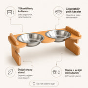 Yükseltilmiş bambu kedi mama standı, çıkarılabilir iki paslanmaz çelik kase, ayarlanabilir yükseklik ve mama-su için ikili kullanım özelliklerini gösteren ürün infografiği. ürün galerisi küçük resmi 5