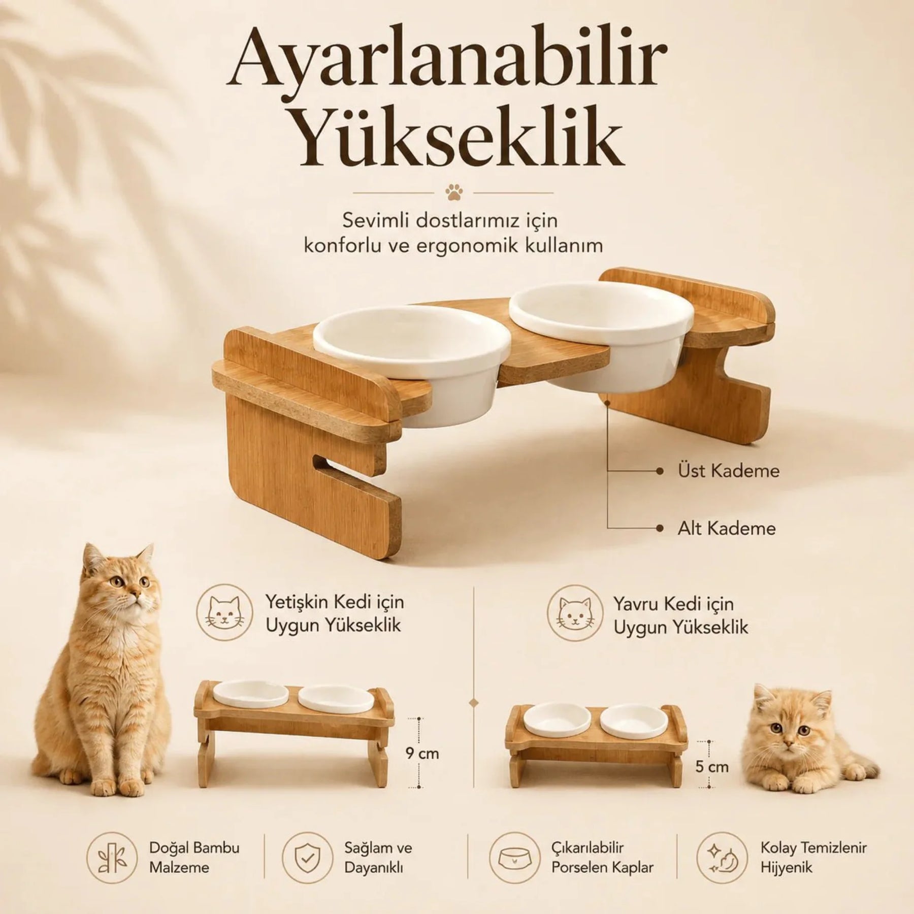 Ayarlanabilir bambu kedi mama standının 5 cm ve 9 cm yükseklik seçeneklerini, iki beyaz seramik kaseyi ve yavru-yetişkin kedi kullanımını gösteren ürün infografiği.