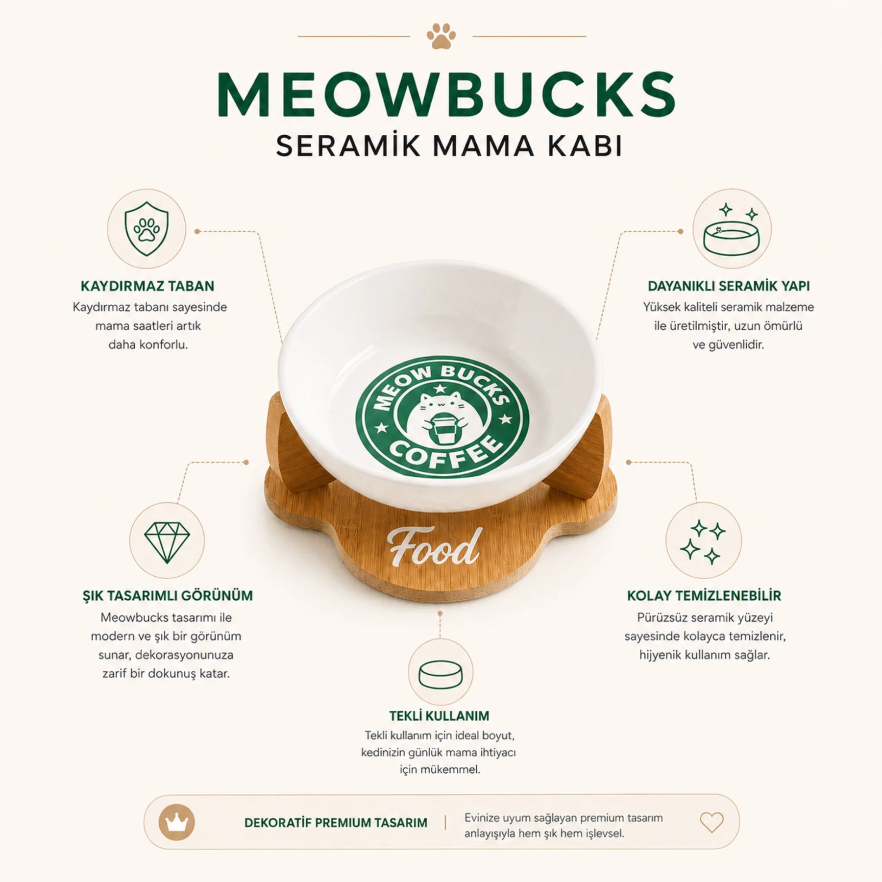 Havsız Meowbucks Kaydırmaz Mama Kabı