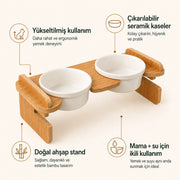 Yükseltilmiş bambu kedi mama standı, çıkarılabilir iki beyaz seramik kase ve mama-su için ikili kullanım özelliklerini gösteren ürün infografiği. ürün galerisi küçük resmi 8