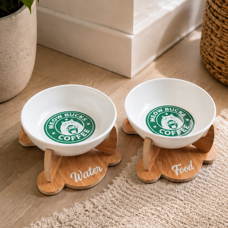 Havsız Kaydırmaz Tabanlı Meowbucks İkili Mama ve Su Kabı - Seramik