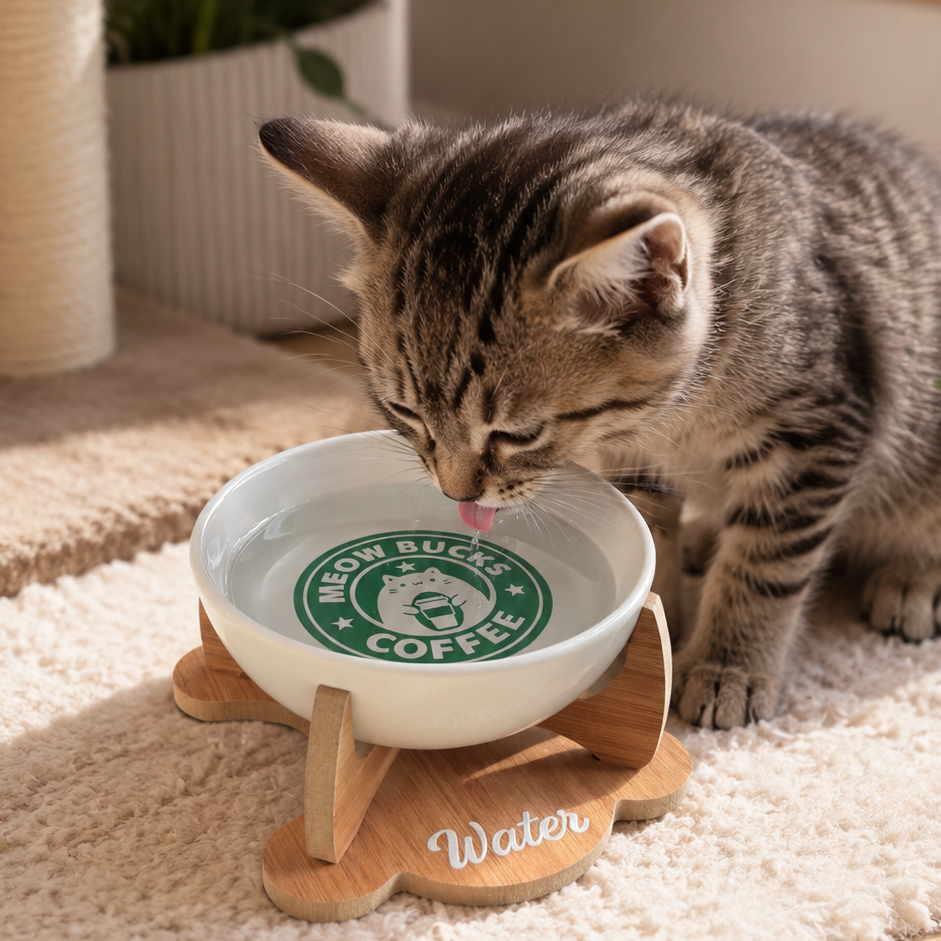 Havsız Meowbucks Kaydırmaz Tabanlı Water Tasarımlı Su Kabı - Seramik
