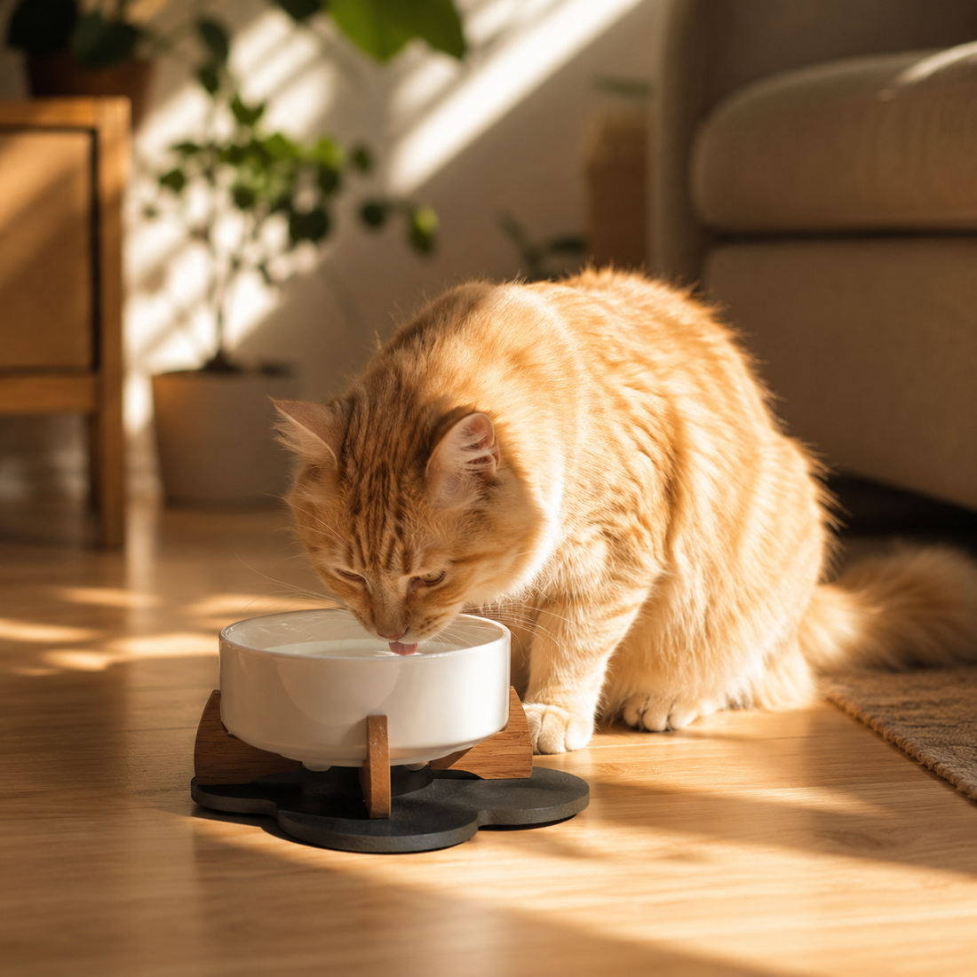 Turuncu kedi Havsız tekli yükseltilmiş seramik mama kabından mama yiyor