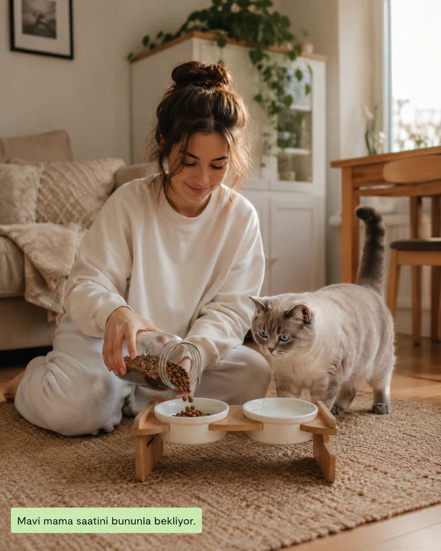 Gri kedi için Havsız yükseltilmiş ikili mama ve su kabına mama ekleyen kişi