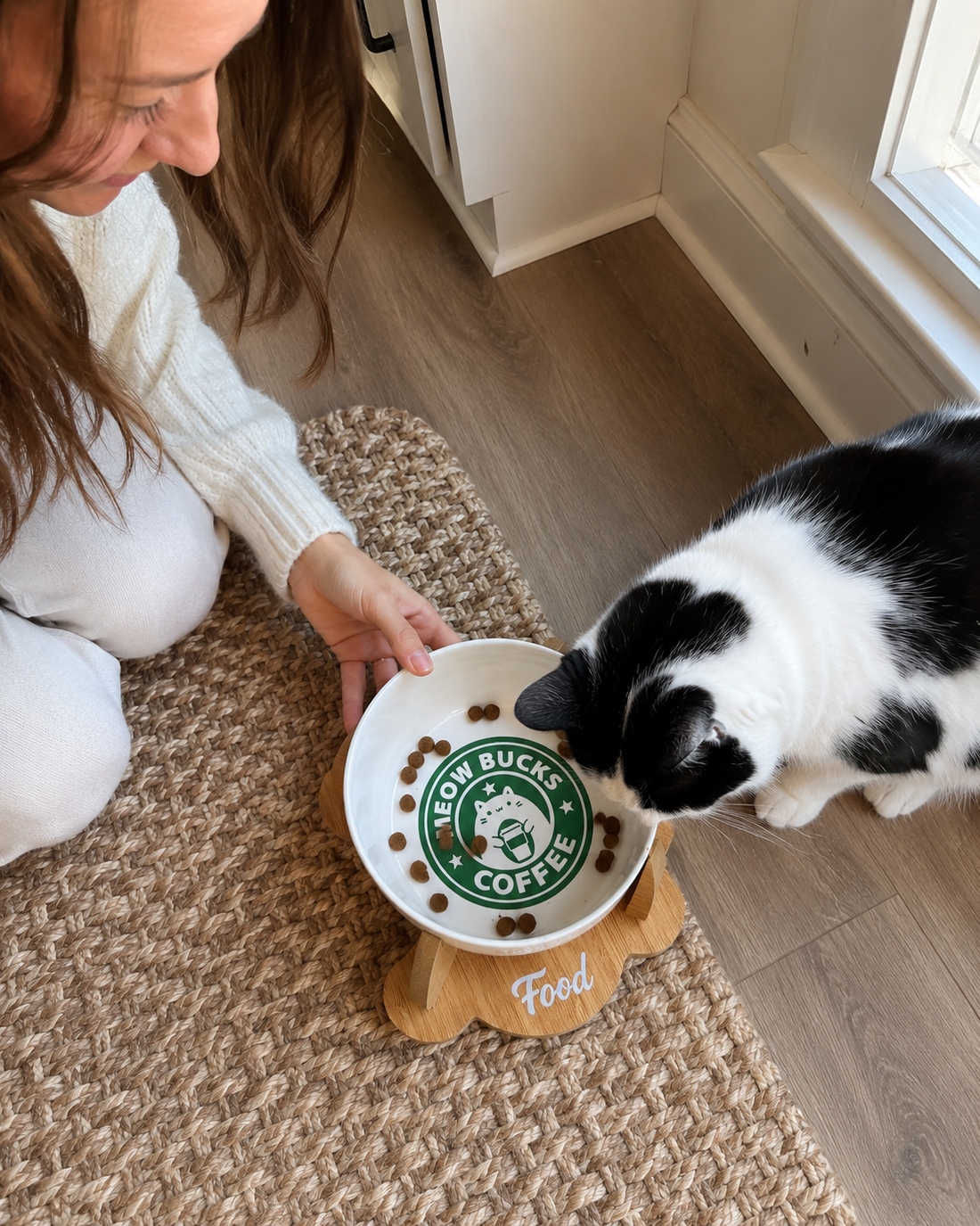 Siyah beyaz kedi Havsız Meowbucks yükseltilmiş mama kabını kullanıyor