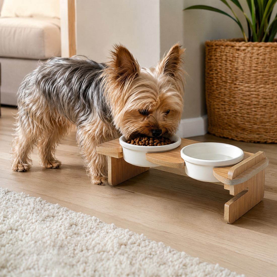 Yorkshire terrier, ahşap yükseltilmiş ikili mama ve su kabı setinden mama yiyor