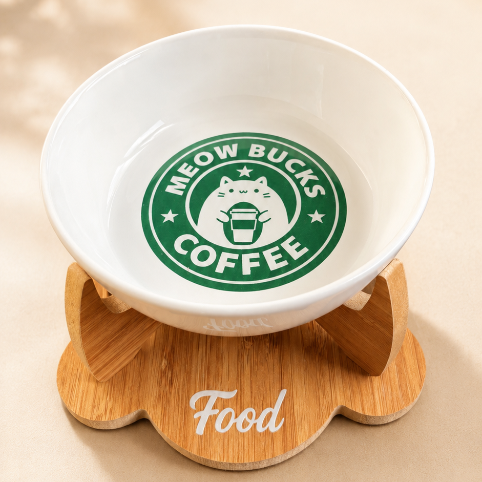 Havsız Meowbucks Kaydırmaz Tabanlı Food Tasarımlı Mama Kabı - Seramik
