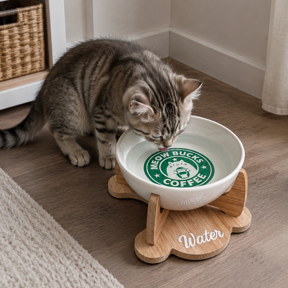 Havsız Meowbucks Kaydırmaz Tabanlı Water Tasarımlı Su Kabı - Seramik