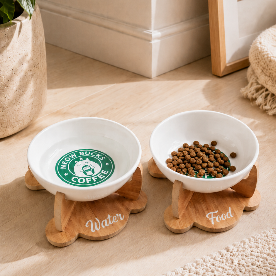 Havsız Kaydırmaz Tabanlı Meowbucks İkili Mama ve Su Kabı - Seramik