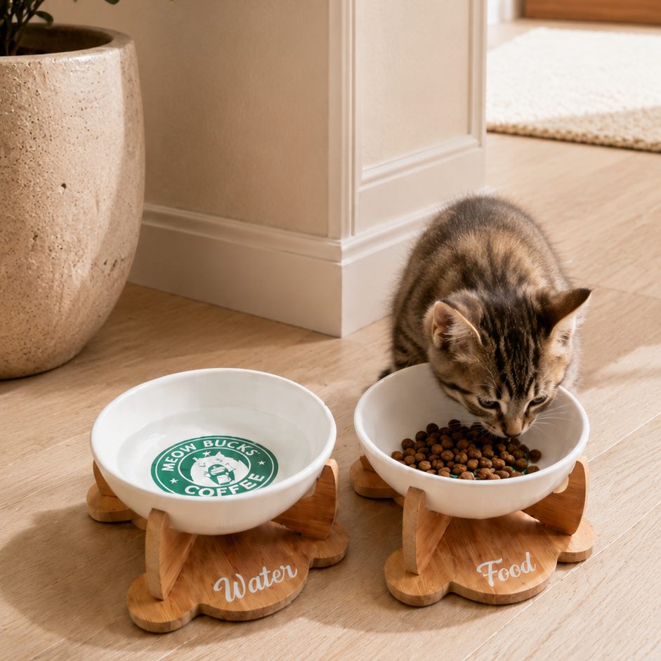Havsız Kaydırmaz Tabanlı Meowbucks İkili Mama ve Su Kabı - Seramik