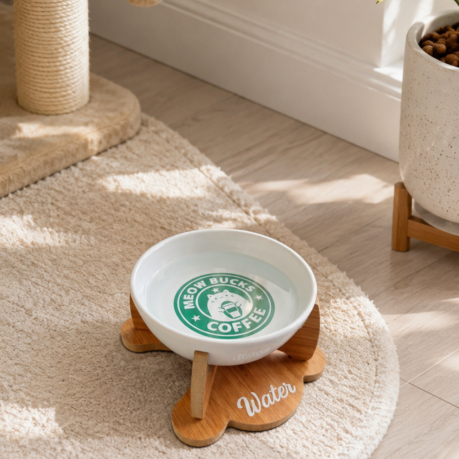 Havsız Meowbucks Kaydırmaz Tabanlı Water Tasarımlı Su Kabı - Seramik