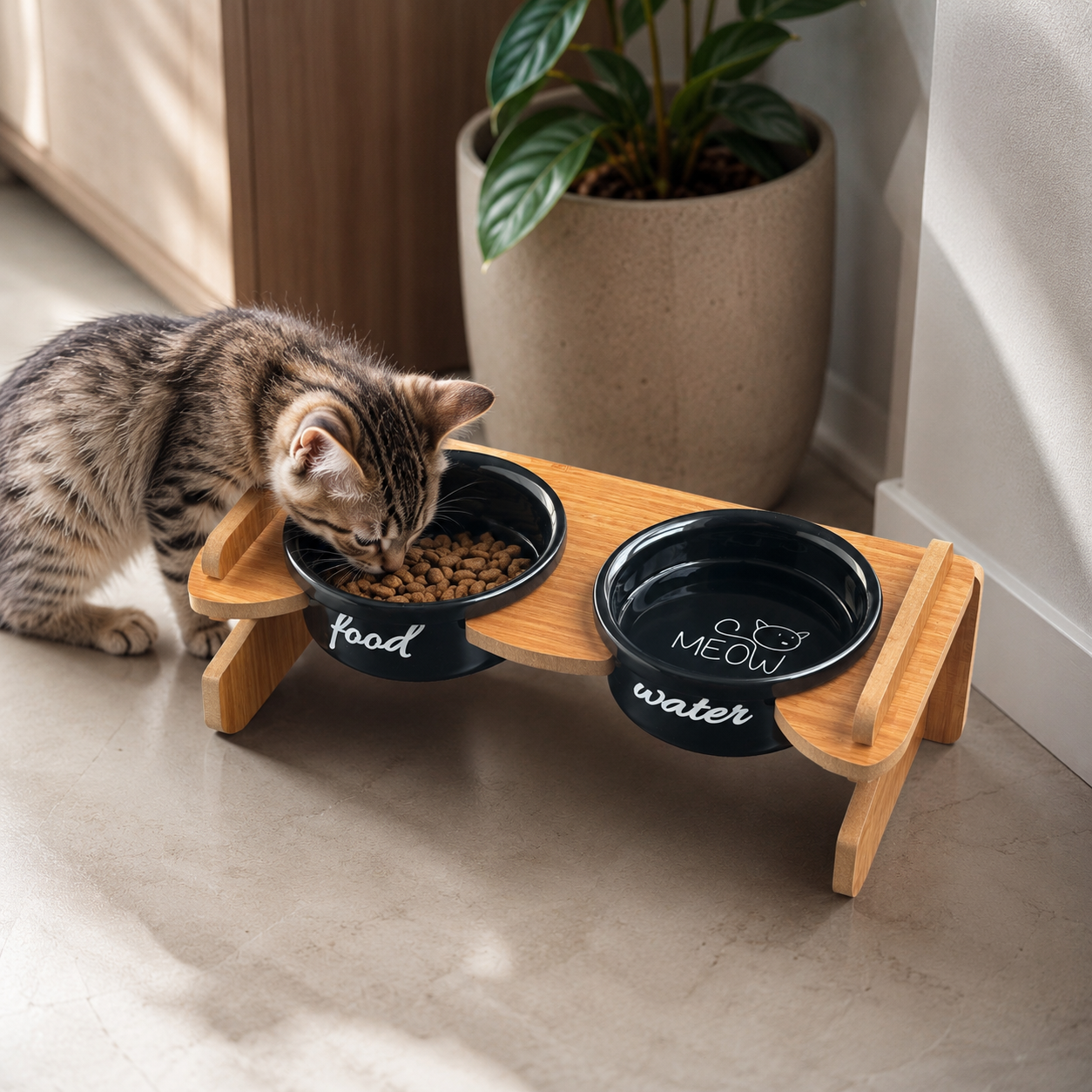 Havsız Water Food Tasarımlı Yükseklik Ayarlı İkili Mama Kabı - Seramik