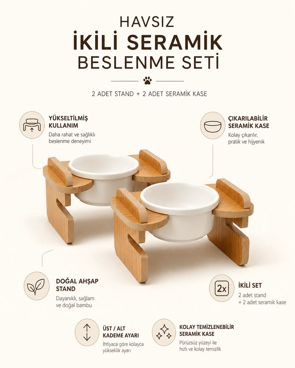 Havsız İkili Yükseklik Ayarlı Seramik Set premium beslenme alanı görseli