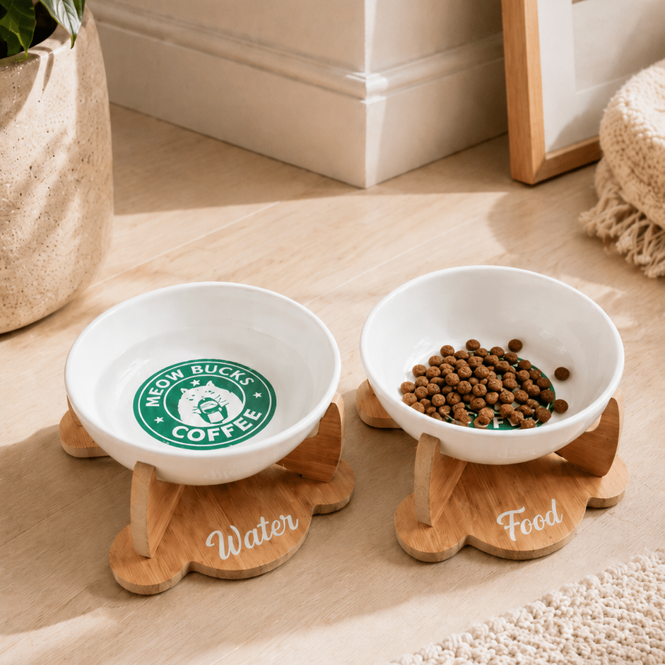 Havsız Kaydırmaz Tabanlı Meowbucks İkili Mama ve Su Kabı - Seramik