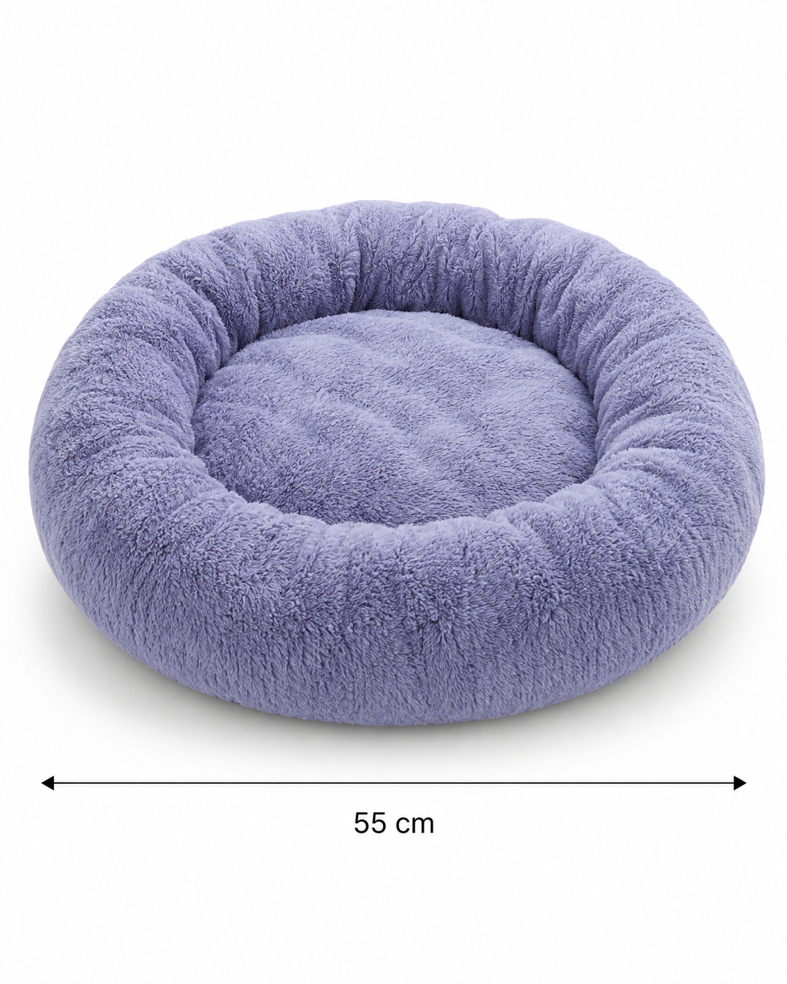Havsız lila peluş simit yatağın 55 cm dış çap ölçüsü
