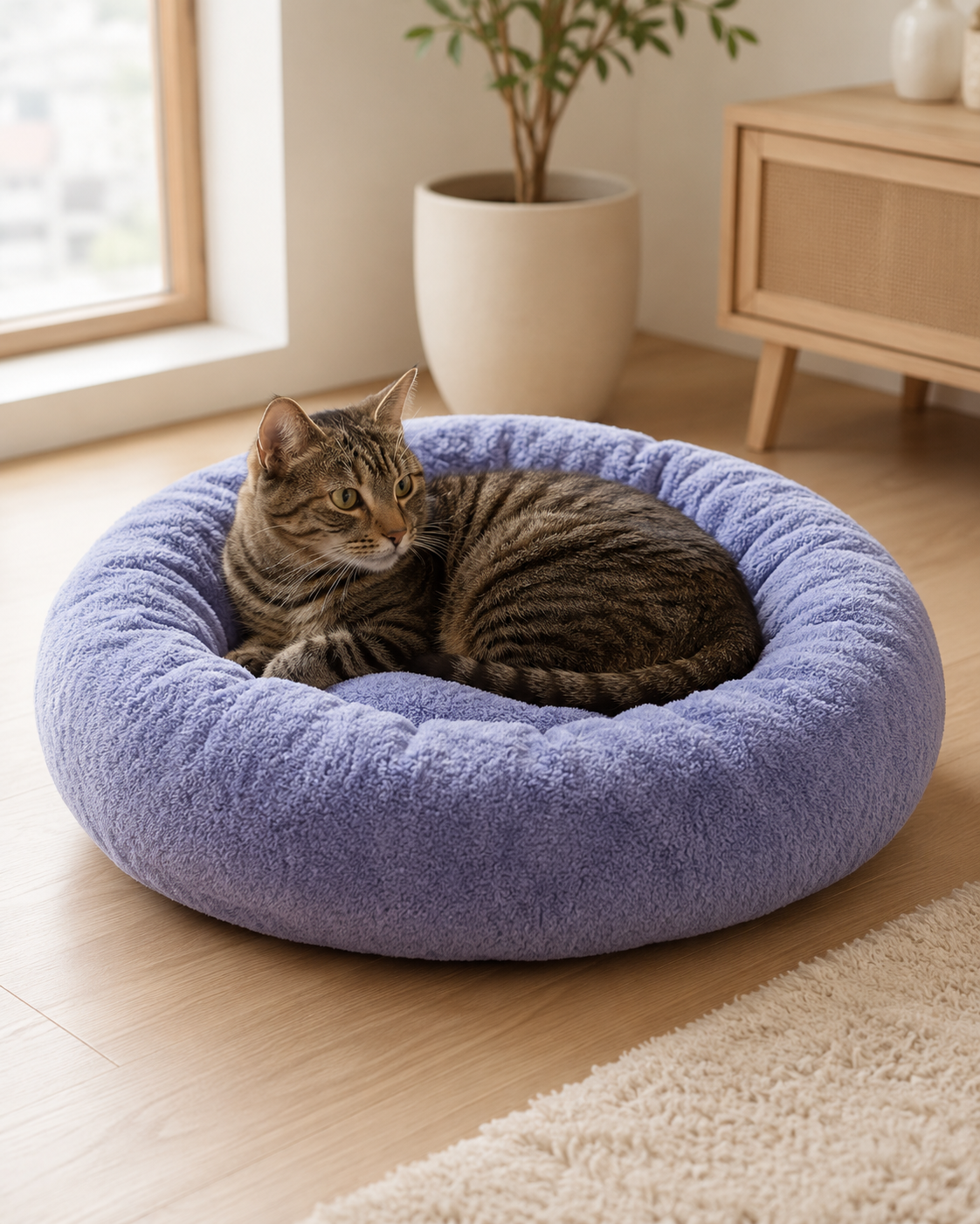Havsız lila peluş simit yatakta dinlenen kedi