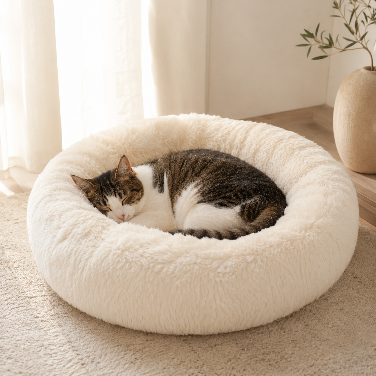 Havsız peluş simit yatakta uyuyan kedi