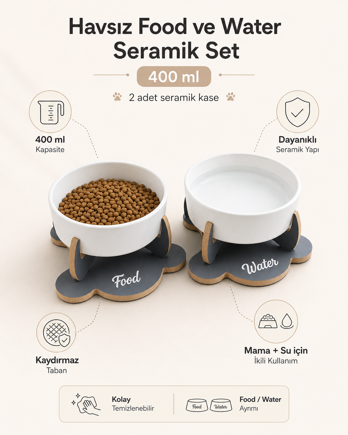 Havsız Food ve Water Seramik Set 400 ml yazılı seramik kase detay görseli