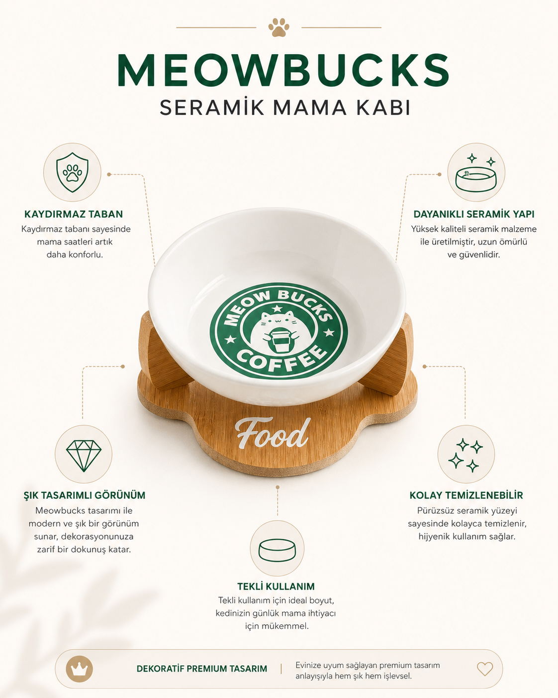 Havsız Meowbucks Kaydırmaz Mama Kabı seramik kase yakın plan görseli