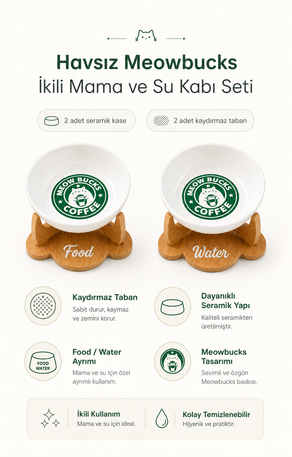 Havsız Meowbucks İkili Mama ve Su Kabı Seti kaydırmaz taban görseli
